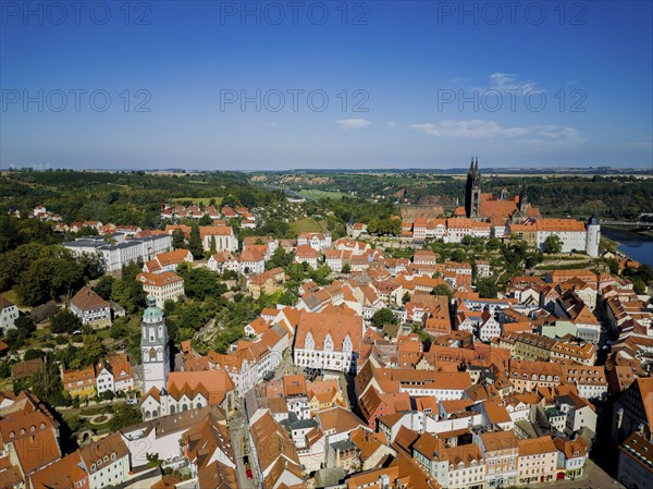 Aerial view of the castle hill Meissen with bishop's castle, Albrechtsburg and cathedral. Autumn and wine festival at night, Meissen, Saxony, Germany, Europe