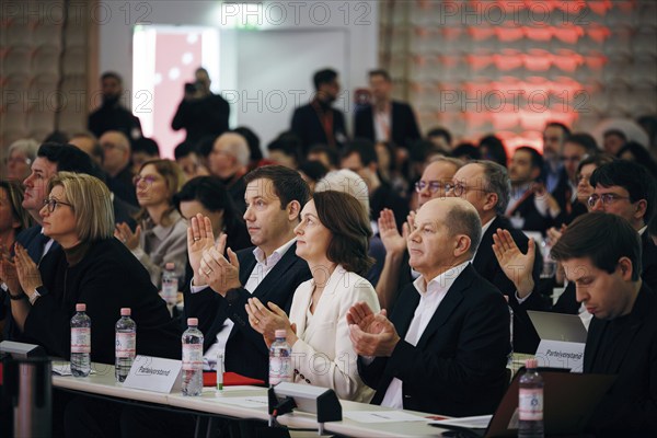 Federal Chancellor Olaf Scholz, Katarina Barley, Lars Klingbeil, recorded at the European Delegates' Conference of the German Social Democratic Party in Berlin, 28 January 2024
