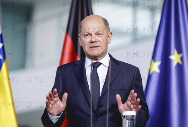 Olaf Scholz, Federal Chancellor, speaks at a press conference during the visit of Denis Becirovic, Chairman of the State Presidency of Bosnia and Herzegovina, at the Chancellery in Berlin, 7 May 2024