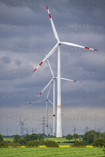 Wind farm east of Geilenkirchen, dark storm clouds, strong wind, North Rhine-Westphalia, Germany, Europe