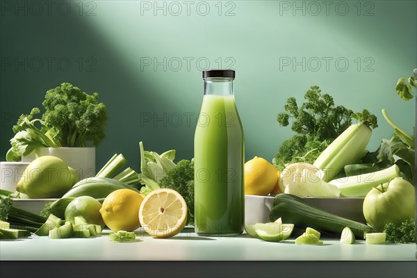Bottle of vibrant green detox juice surrounded by green fruit and vegetables, AI generated