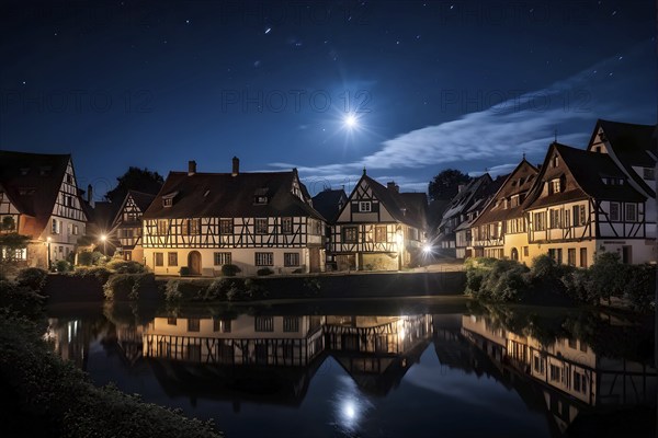 Traditional half timbered house nestled within the heart of a picturesque village at night, AI generated