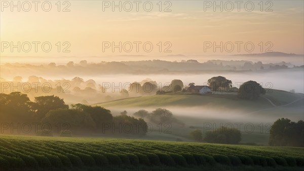 Sunrise in rural landscape in summer veiled in fog, AI generated