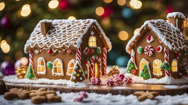 Gingerbread house decorations, focusing on the intricate icing details, colorful candy, and soft, warm light creating a cozy festive ambiance, AI generated
