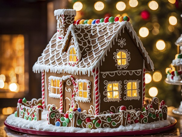 Gingerbread house decorations, focusing on the intricate icing details, colorful candy, and soft, warm light creating a cozy festive ambiance, AI generated