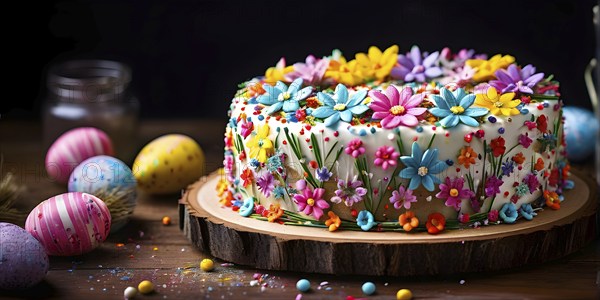 Decorated Easter cake with intricate icing flowers and colorful sprinkles, placed on a rustic wooden table, AI generated
