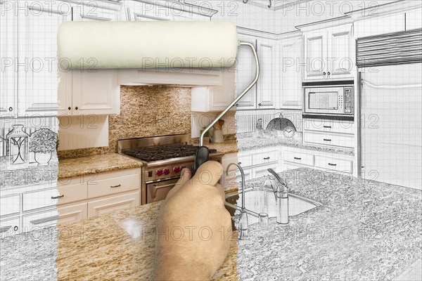 Before and after of man painting roller to reveal custom kitchen photograph under pencil sketch drawing plans