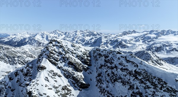 Aerial view, snow-covered mountain landscape, summit of the Madritschspitze in the Ortler group, Trento, Italy, Europe