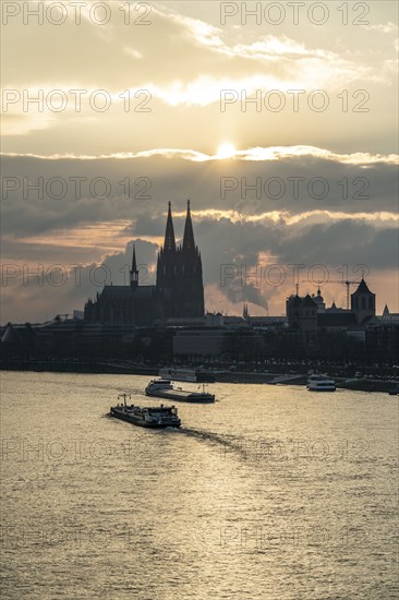 The Rhine near Cologne, sunset, Cologne Cathedral, cargo ship, North Rhine-Westphalia, Germany, Europe