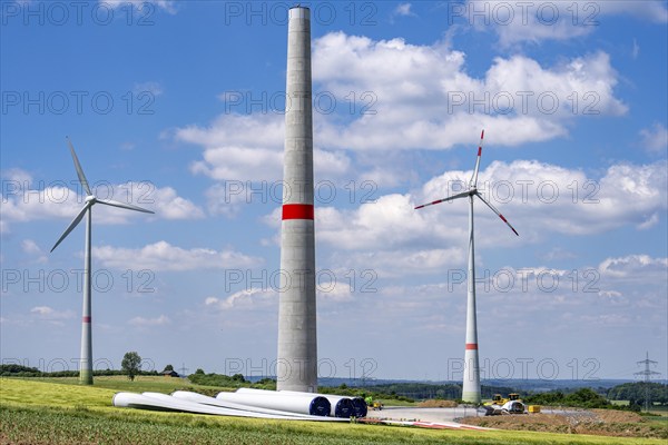 Wind farm near Brilon-Radlinghausen, new wind turbine being built, tower elements and rotors ready for assembly, North Rhine-Westphalia, Germany, Europe