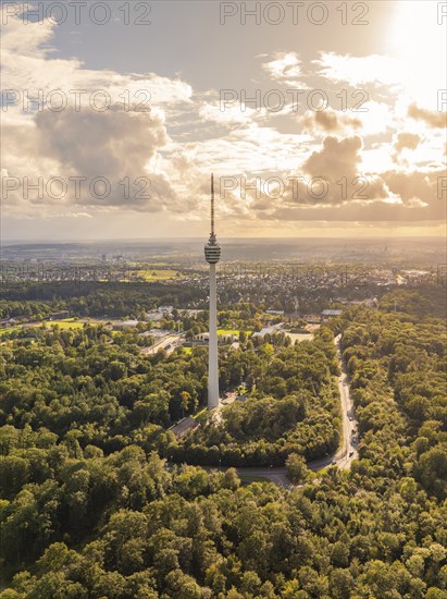 The television tower rises above an extensive wooded area, bathed in gentle rays of light, Stuttgart, Germany, Europe