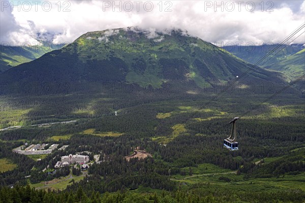 The Alyeska ski area with cable car and the Alyeska Resort Hotel, Girdwood, Alaska