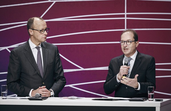 Friedrich Merz, Chairman of the CDU/CSU parliamentary group in the German Bundestag and Alexander Dobrindt, First Deputy Chairman of the CDU/CSU parliamentary group in the German Bundestag recorded at the event, Wir hören zu | Gipfel der CDU/CSU-Fraktion I Wirtschaftswende für Deutschland at the German Bundestag in Berlin, 1 February 2024