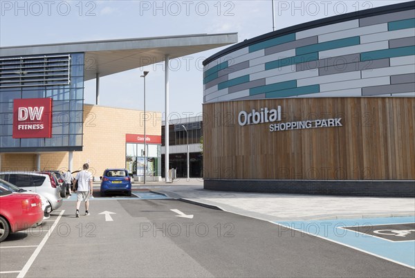 Modern architecture buildings at Orbital Shopping Park developed by British Land, north Swindon, Wiltshire, England, UK