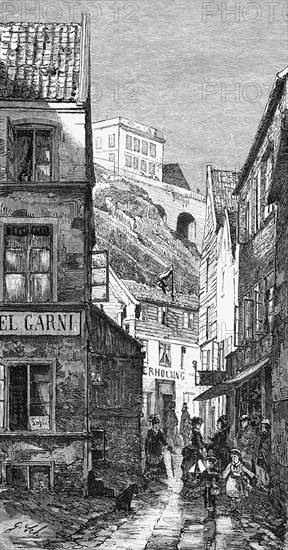Unterland of the offshore island Helgoland, Schleswig-Holstein, North Sea, alley, shops, hotel, people, Oberland, Germany, historical illustration 1880, Europe
