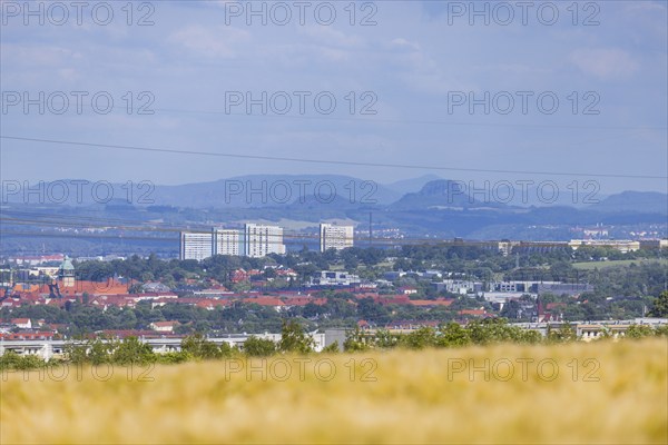 Cityscape Dresden, Unicampus, court, Zschertnitz and Saxon Switzerland with the Lilienstein, distant view of Dresden seen from the west, Dresden, Saxony, Germany, Europe