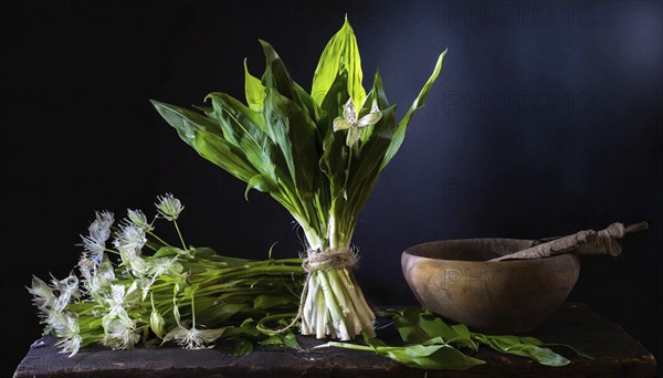 Wild garlic on a rustic table with a mortar and pestle in the background, Wild garlic, Allium ursinum, KI generated, AI generated