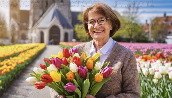 A smiling middle-aged woman with a bouquet of tulips in front of a church in the background, HollaKI generated, AI generated