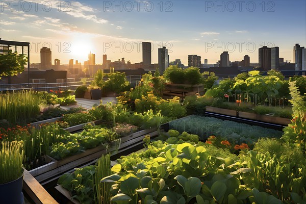 Sustainable agriculture Innovative urban rooftop garden, AI generated