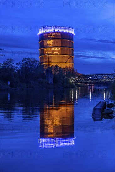 Neue Mitte Oberhausen, Gasometer exhibition hall, after renovation, Rhine-Herne Canal, evening lighting, exhibition The Fragile Paradise, North Rhine-Westphalia, Germany, Europe