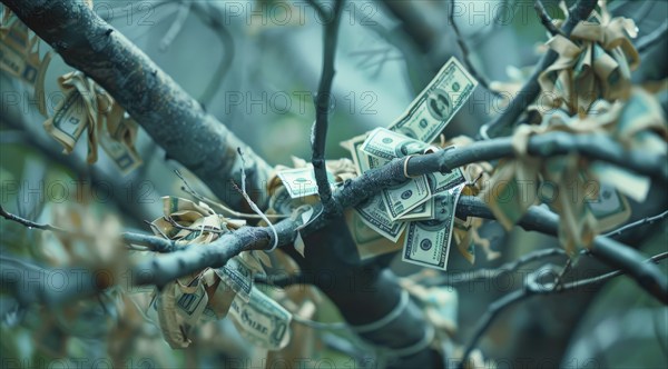Concept of easye money. Money that grows on trees, AI generated
