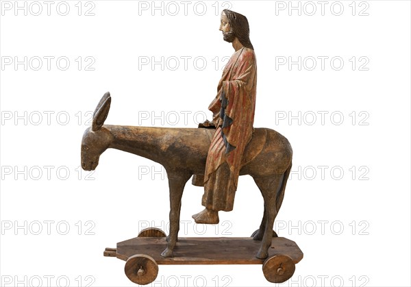 Palm tree donkey, wooden figure from around 1380, painted on a dark background, Hohenzollerisches Landesmuseum, Hechingen, Baden-Württemberg, Germany, Europe