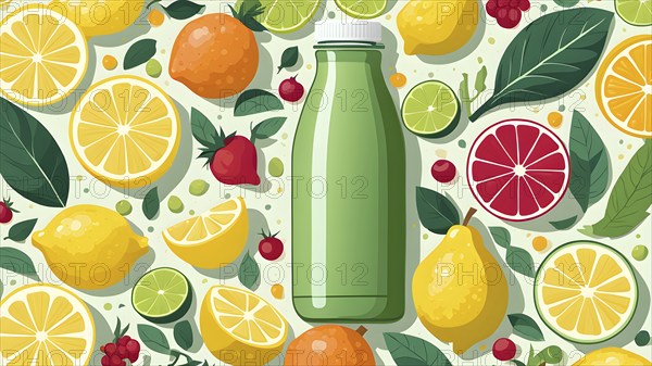 Abstract wallpaper of smoothie surrounded by an assortment of fruits and vegetables, AI generated