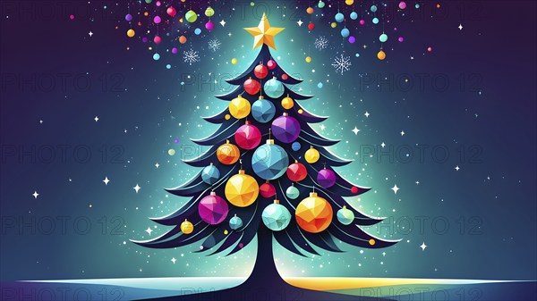 Abstract Christmas tree illustration with vibrant colors and geometric shapes, AI generated