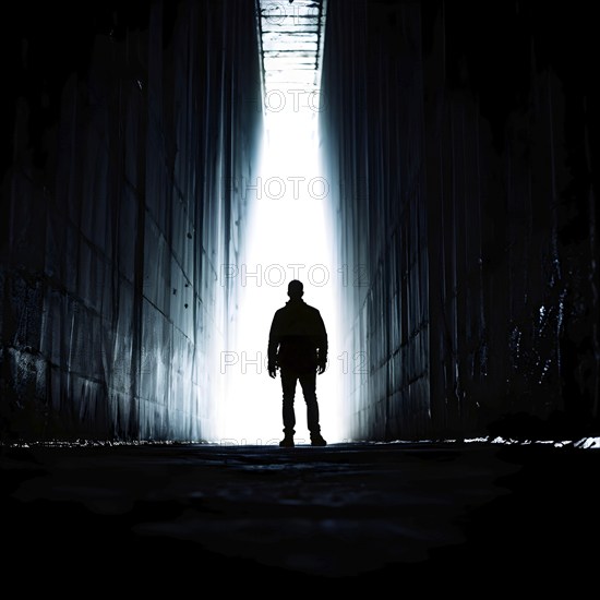 Silhouette of a man at a tunnels entrance with a stark contrast, AI generated
