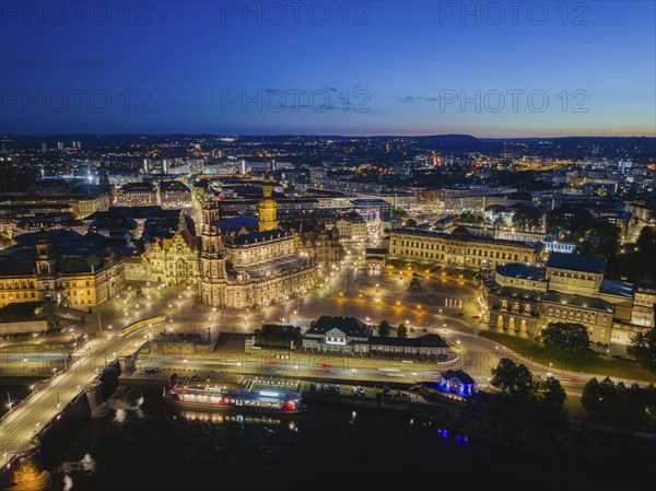 Aerial view historical city centre of Dresden SchlossplatzGeorgentor, Residenzschloss, Hofkirche, Semperbau of the Zwinger, Semperoper, Theaterplatz and Augustusbrücke, Dresden, Saxony, Germany, Europe