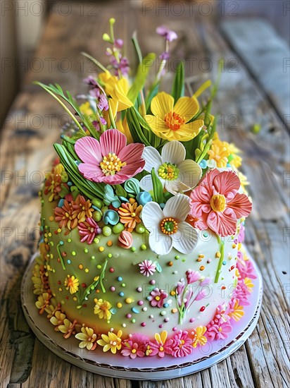 Decorated Easter cake with intricate icing flowers and colorful sprinkles, placed on a rustic wooden table, AI generated