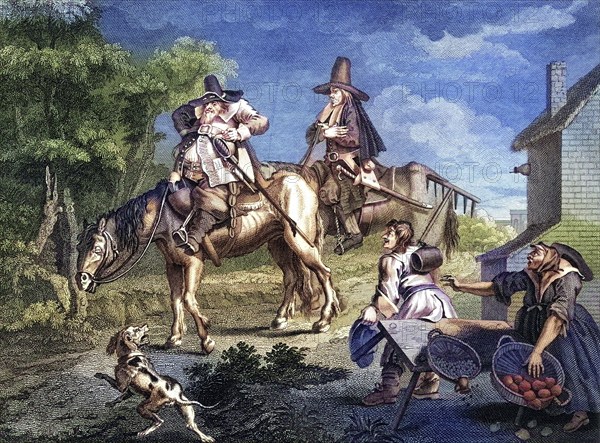 Hudibras The manner how he sallies forth Engraved by C Armstrong after Hogarth from The Works of Hogarth published London 1833, Historisch, digital restaurierte Reproduktion von einer Vorlage aus dem 19. Jahrhundert, Record date not stated