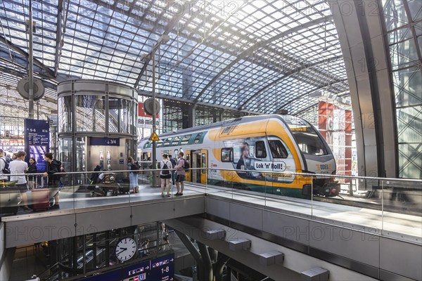 Central station with platform hall with glass roof construction, ODEG regional train, Berlin, Germany, Europe