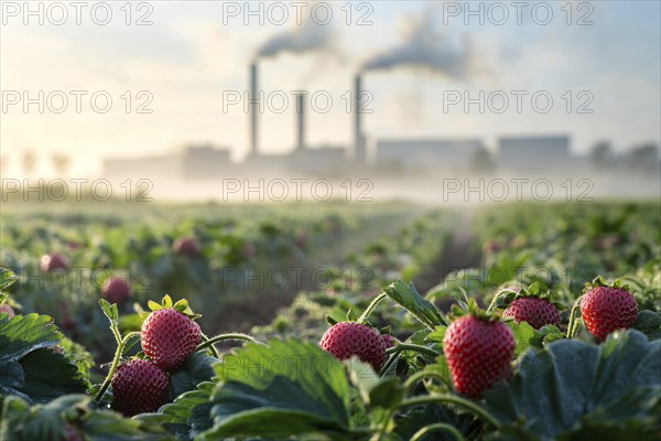 Agricultural field with strawberry fruits and factory with grey fumes in background. Generative Ai, AI generated