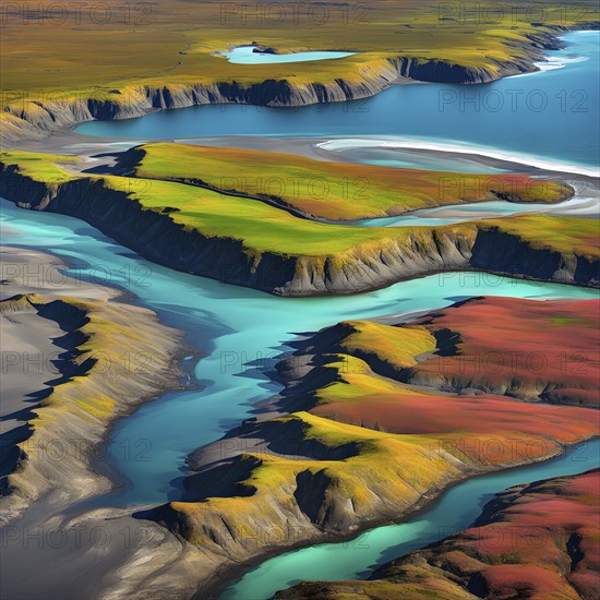 Aerial view perpendicular top down of an abstract colorful river along the coastline, AI generated