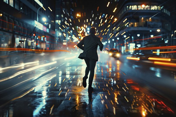 A businessman runs along a busy city street at night, surrounded by lights and dynamics, AI generated, AI generated, AI generated