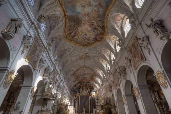 Rockoko interior with altar and vault of the Basilica of St Emmeran, Regensburg, Upper Palatinate, Bavaria, Germany, Europe