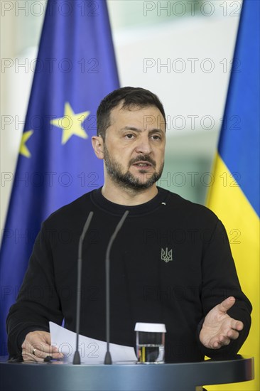 Volodymyr Zelensky (President of Ukraine) gives a press statement together with Olaf Scholz at the Federal Chancellery, 11 October 2024
