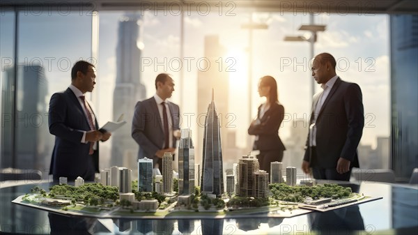 Architecture model of skyscraper with intricate details on a conference table in the office, AI generated