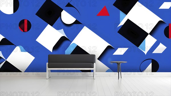 Minimalist illustration featuring abstract shapes to convey fun and ease, wallpaper with blue color accent, AI generated
