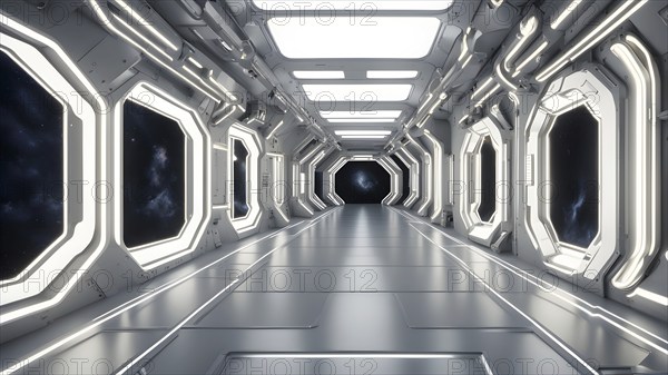 Three dimensional render of futuristic corridor inside a spaceship or space station, AI generated