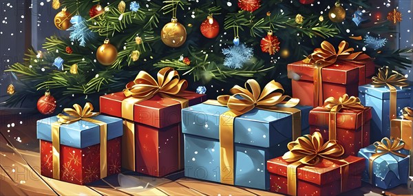 Abstract illustration of wrapped Christmas gifts, shiny ribbons and bows, stacked under a evergreen tree in a cozy living room, AI generated