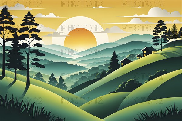 Landscape set in paper art style featuring houses tucked between verdant trees and rolling hills, AI generated