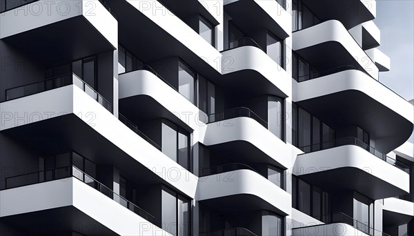 Rendering of a modern real estate apartment building in clean geometric forms in black and white, AI generated