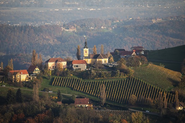 Autumn atmosphere in the evening light, forest with foliage colouring, hilly landscape, vineyards, church of Kitzeck, view from the Demmerkogel lookout point, St. Andrä-Höch, Sausal wine country, Styria, Austria, Europe