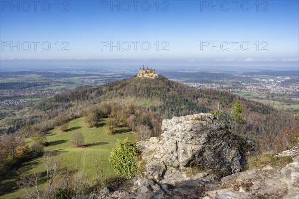 View from the Zeller Horn vantage point on the Albtrauf over the Zollernalb with Hohenzollern Castle, Zollernalbkreis, Baden-Württemberg, Germany, Europe