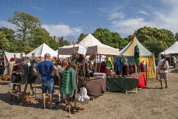 Medieval market with various stalls, visitors, Medieval Week, Hanseatic City of Visby, UNESCO World Heritage Site, Gotland Island, Sweden, Europe