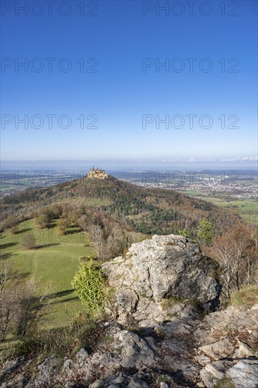 View from the Zeller Horn vantage point on the Albtrauf over the Zollernalb with Hohenzollern Castle, Zollernalbkreis, Baden-Württemberg, Germany, Europe