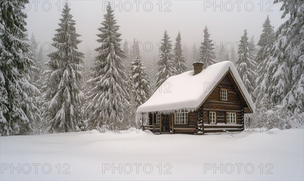 A small cabin in the woods is covered in snow. The cabin is surrounded by trees and the snow is piled up on the roof. The scene is peaceful and serene AI generated