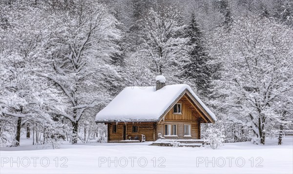 A small cabin in the woods is covered in snow. The cabin is surrounded by trees and the snow is piled up on the roof. The scene is peaceful and serene, with the snow creating a quiet AI generated
